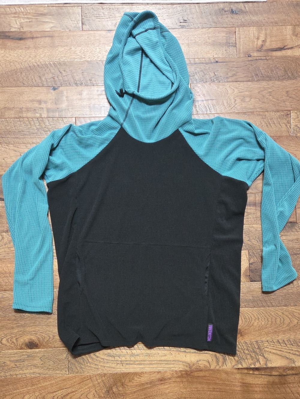 Melanzana Teal and Black Waffle-Knit Hooded Pullover